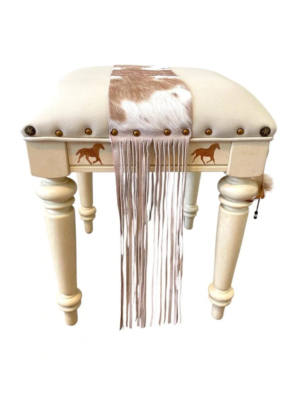 Rustic Western Vanity Stool Cowhide Leather Fringe Horse Accent Country Ottoman
